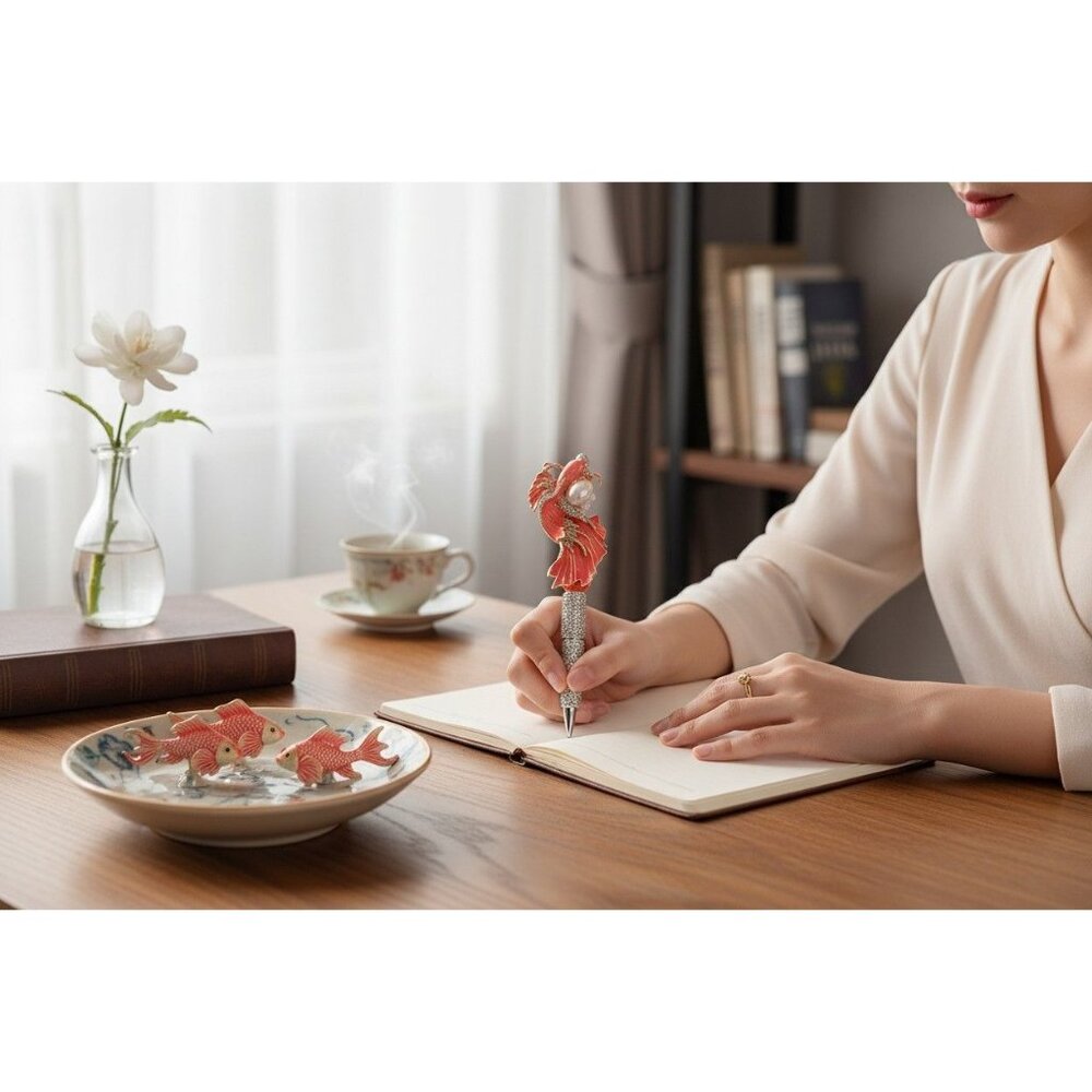 Luxury Jeweled Decorative Pen – Crystal Encrusted Phoenix/Fish Design, Pearl Acc